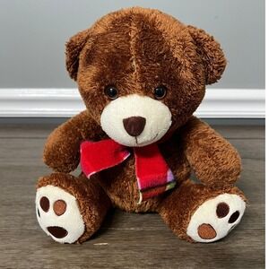 Brown Plush Teddy Bear with Red Scarf  Stuffed Animal Toy